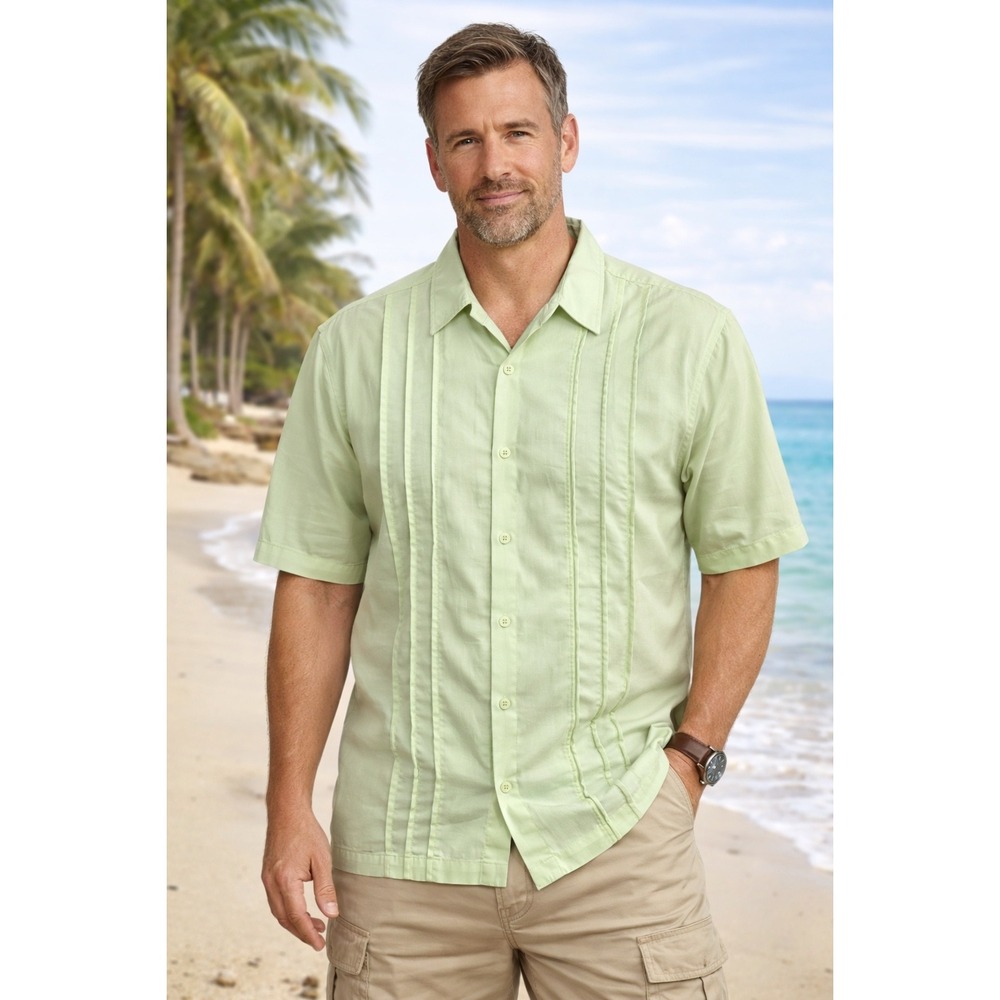 Cubavera Button Down Shirt Mens XXL Green Excellent Pintuck Short Sleeve Rayon